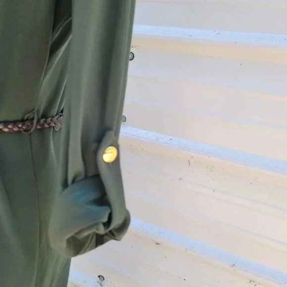 Soho Apparl Tunic Shift Convertible Sleeve Dress Green Stretch Belted Petite L - Picture 5 of 9